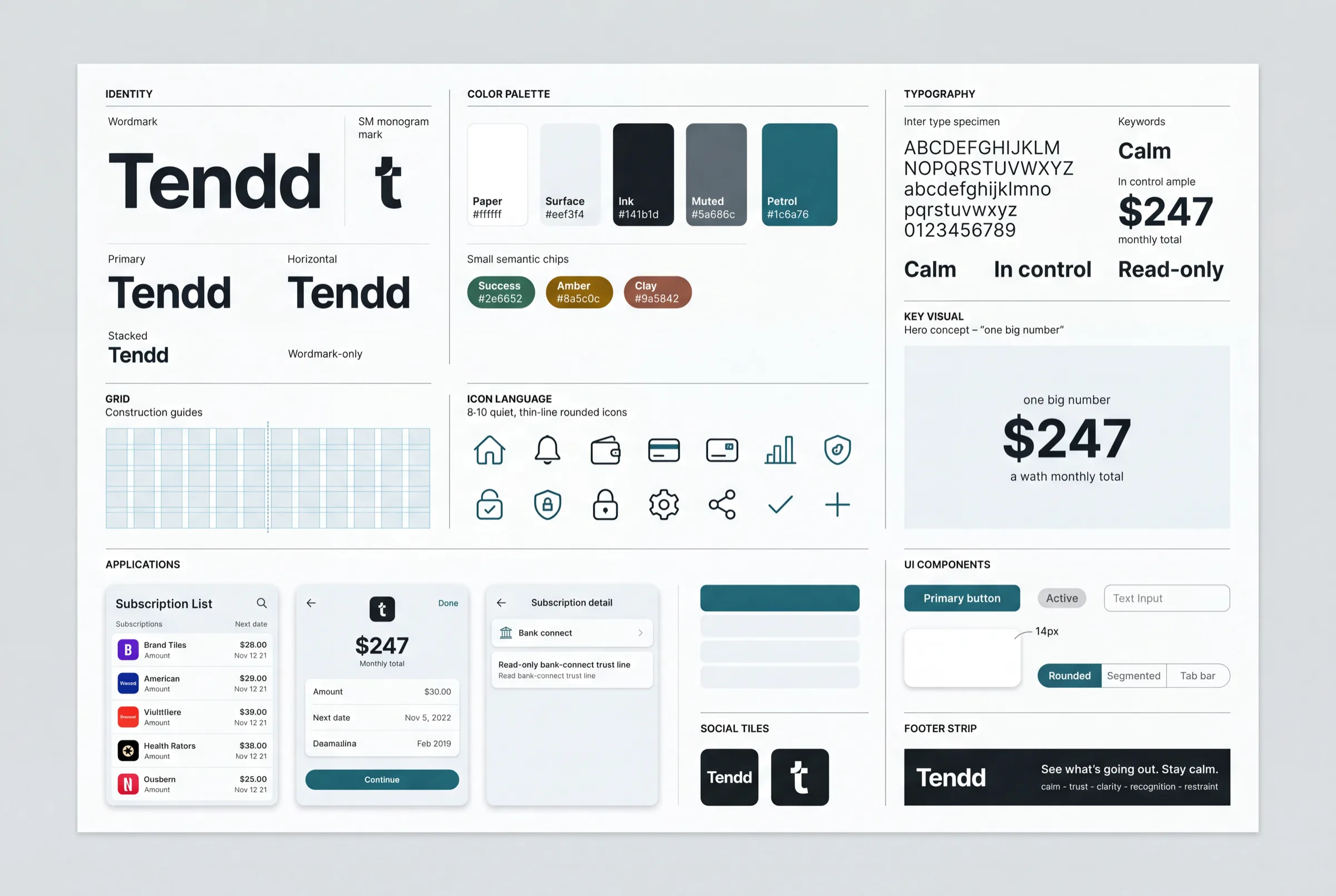 The Petrol and Paper brand toolkit plate: identity and wordmark settings, the colour palette with paper, surface, ink, muted and petrol, an Inter type specimen, a construction grid, a thin-line icon set, three app screens in context, social tiles and a footer strip.