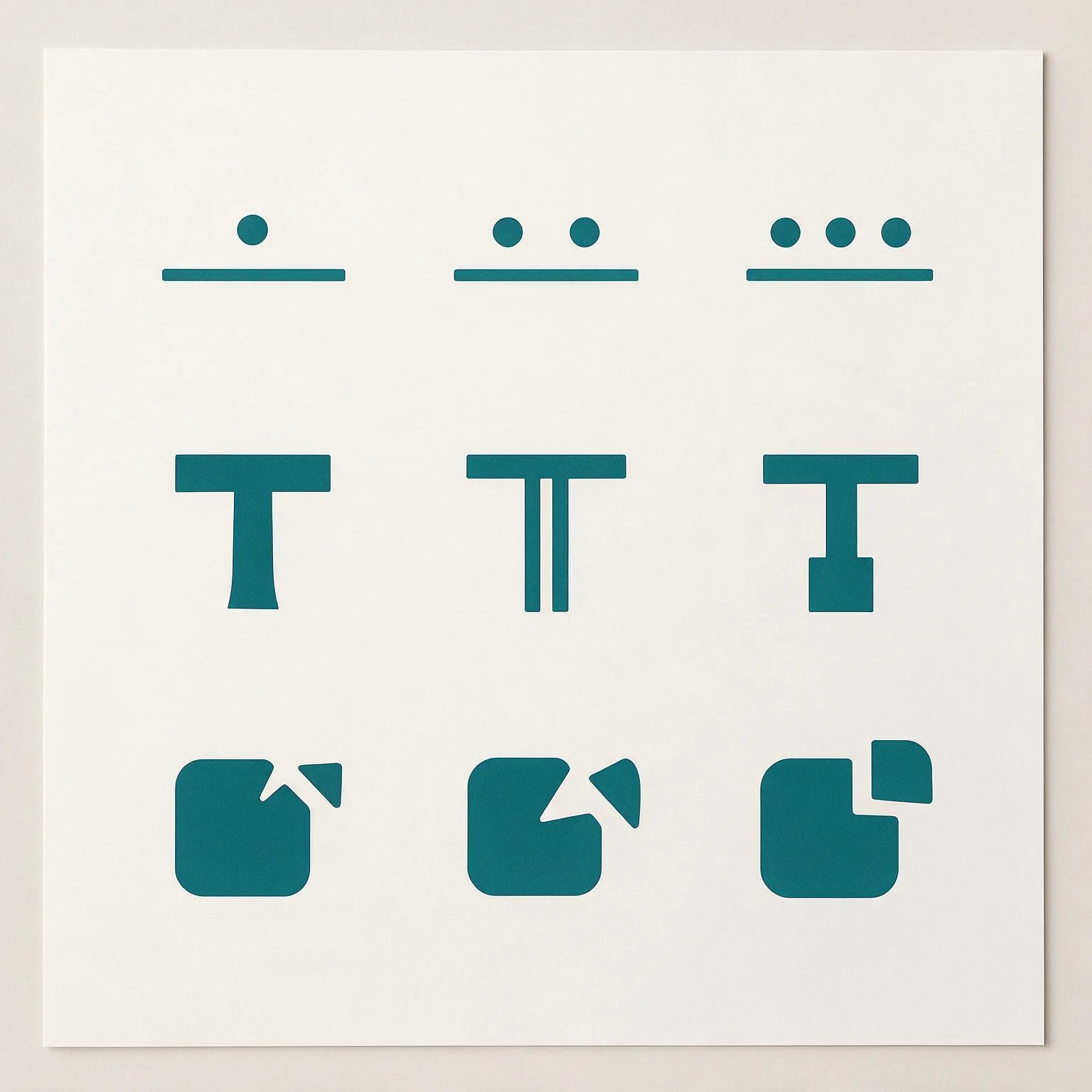 Nine generated marks: dots above a level line, T monograms, and squares with a corner piece torn off and set beside them
