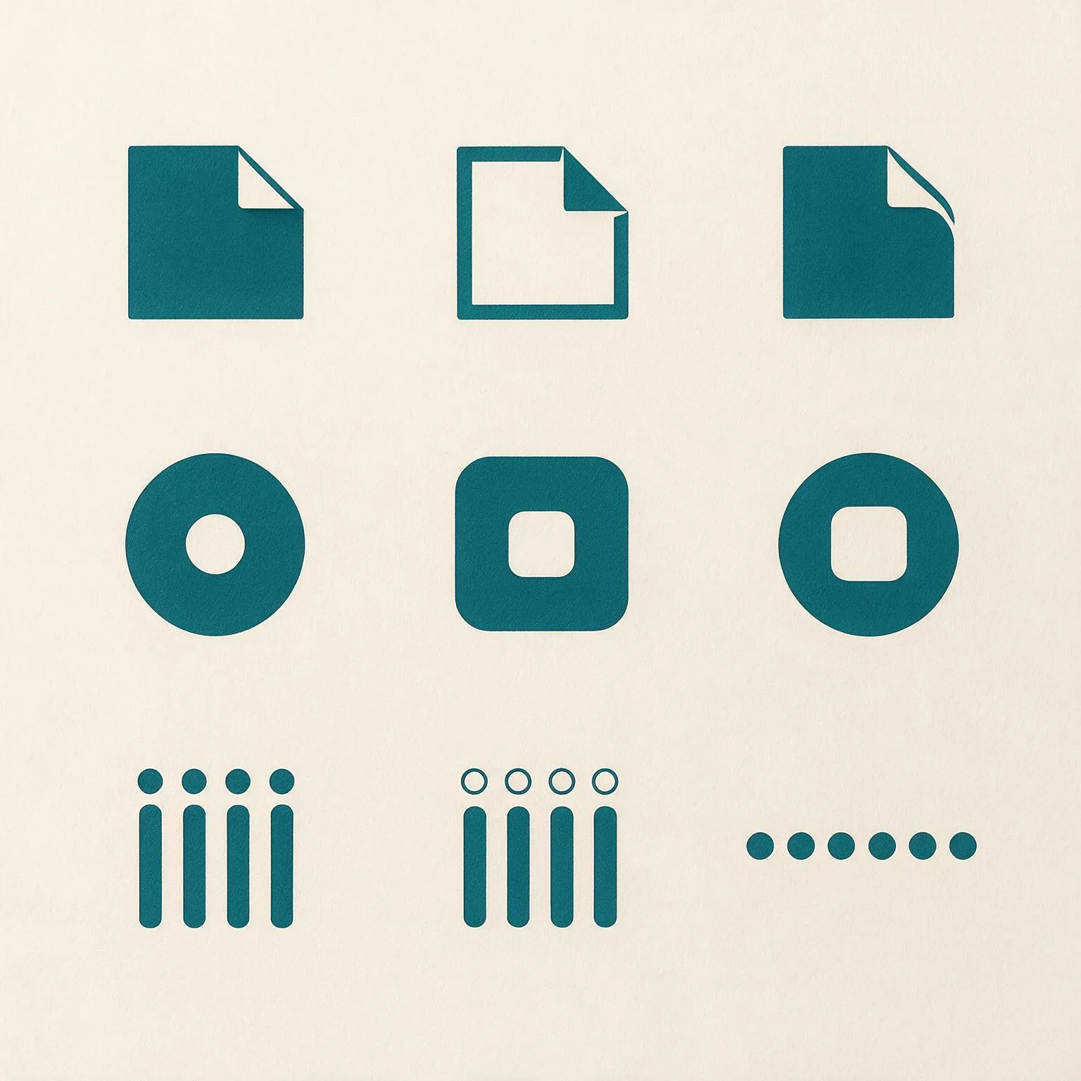 Nine generated marks: folded sheets of paper, solid shapes with a shape cut out of the centre, and rows of equal bars