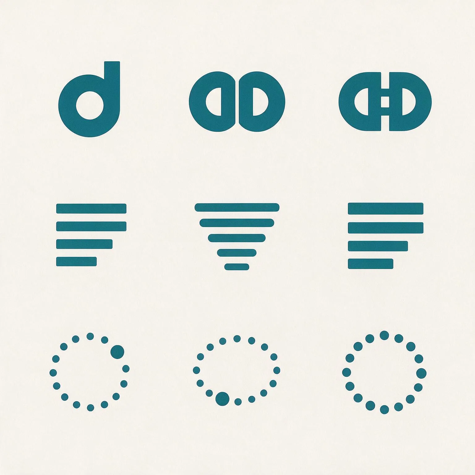 Nine generated logo marks in three rows: single d and dd pairs, descending bar tallies, rings of dots with one larger