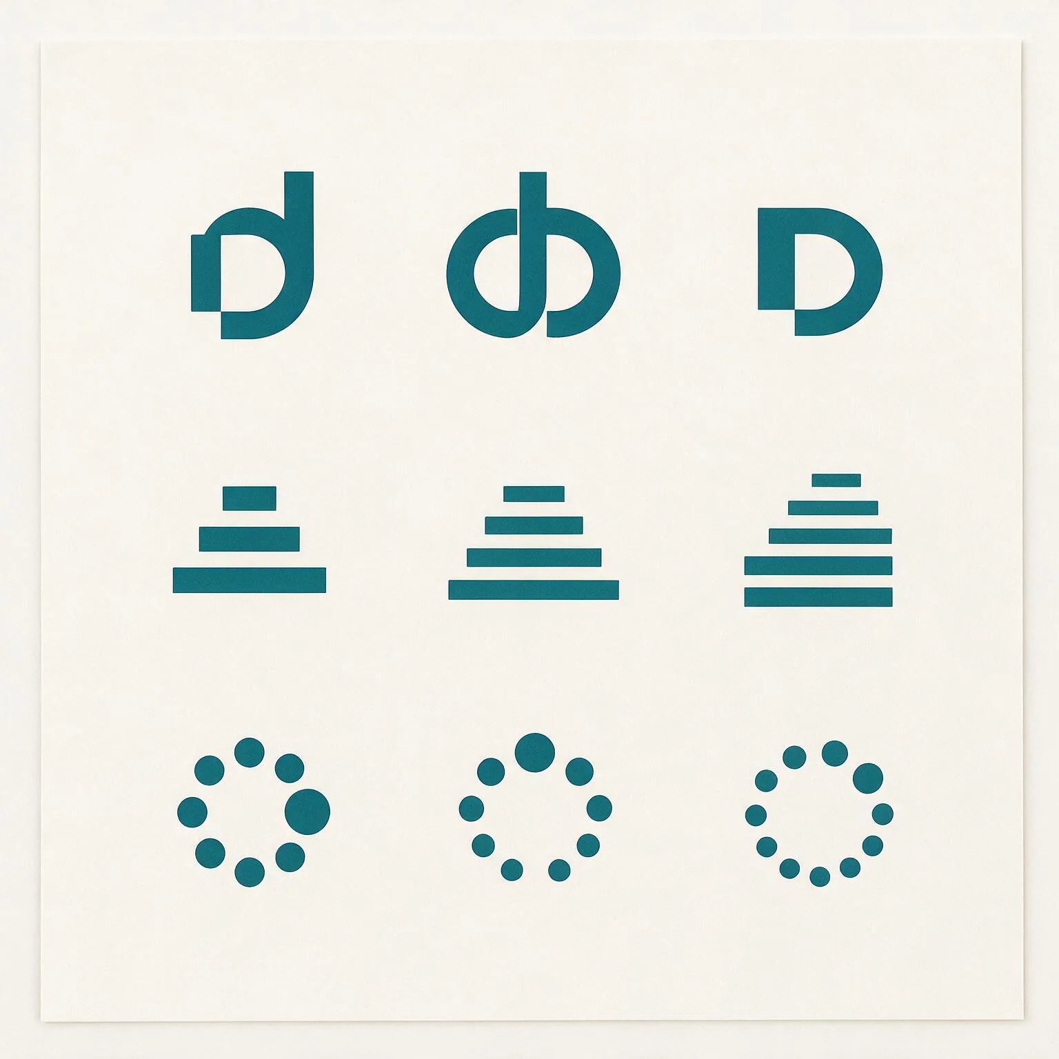 Nine more generated marks: overlapping d ligatures, stacked pyramids, dot rings