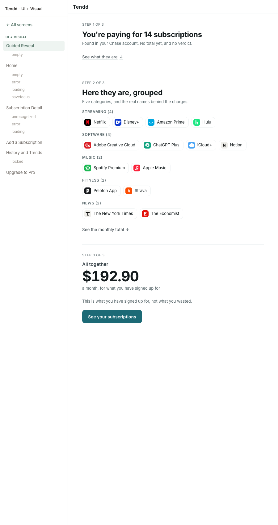 The same screen with the category headings quiet, at 12px uppercase, and the merchant chips leading