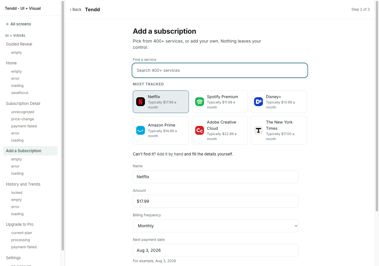 The add-subscription form with its fields and preset tiles outlined in a barely visible hairline