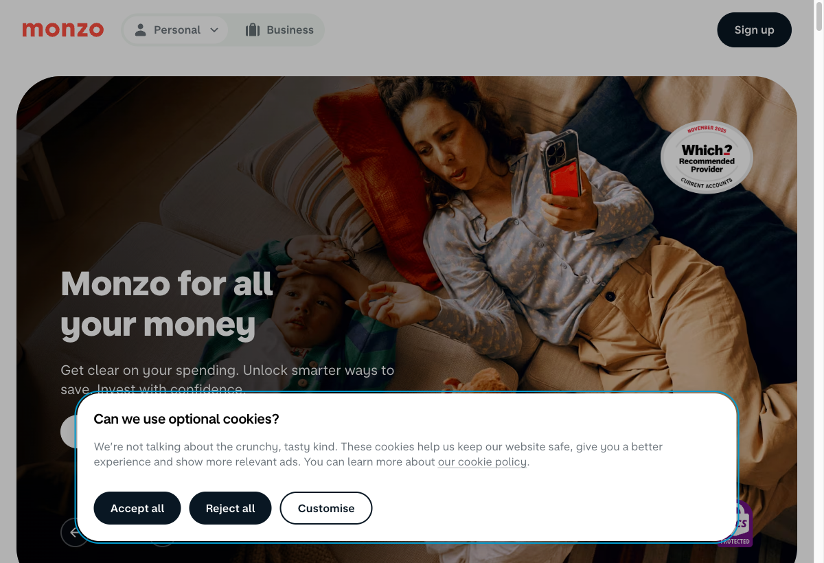 Monzo landing page