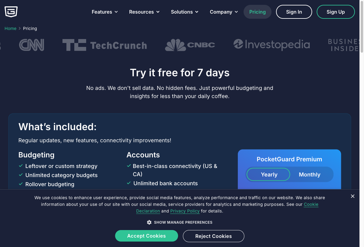 PocketGuard pricing page