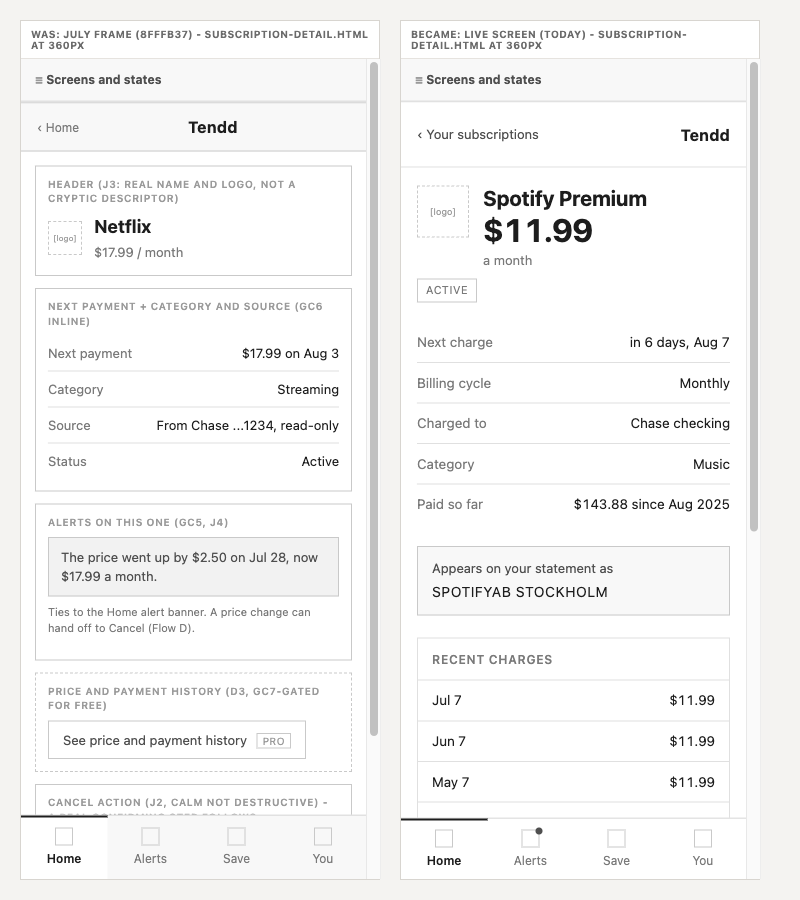 Subscription Detail at 360px, was and became