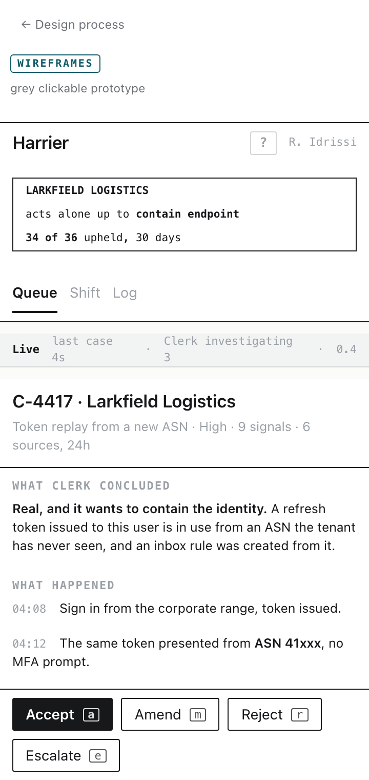 Case file at 360 after the fix, with the decision controls pinned to the bottom