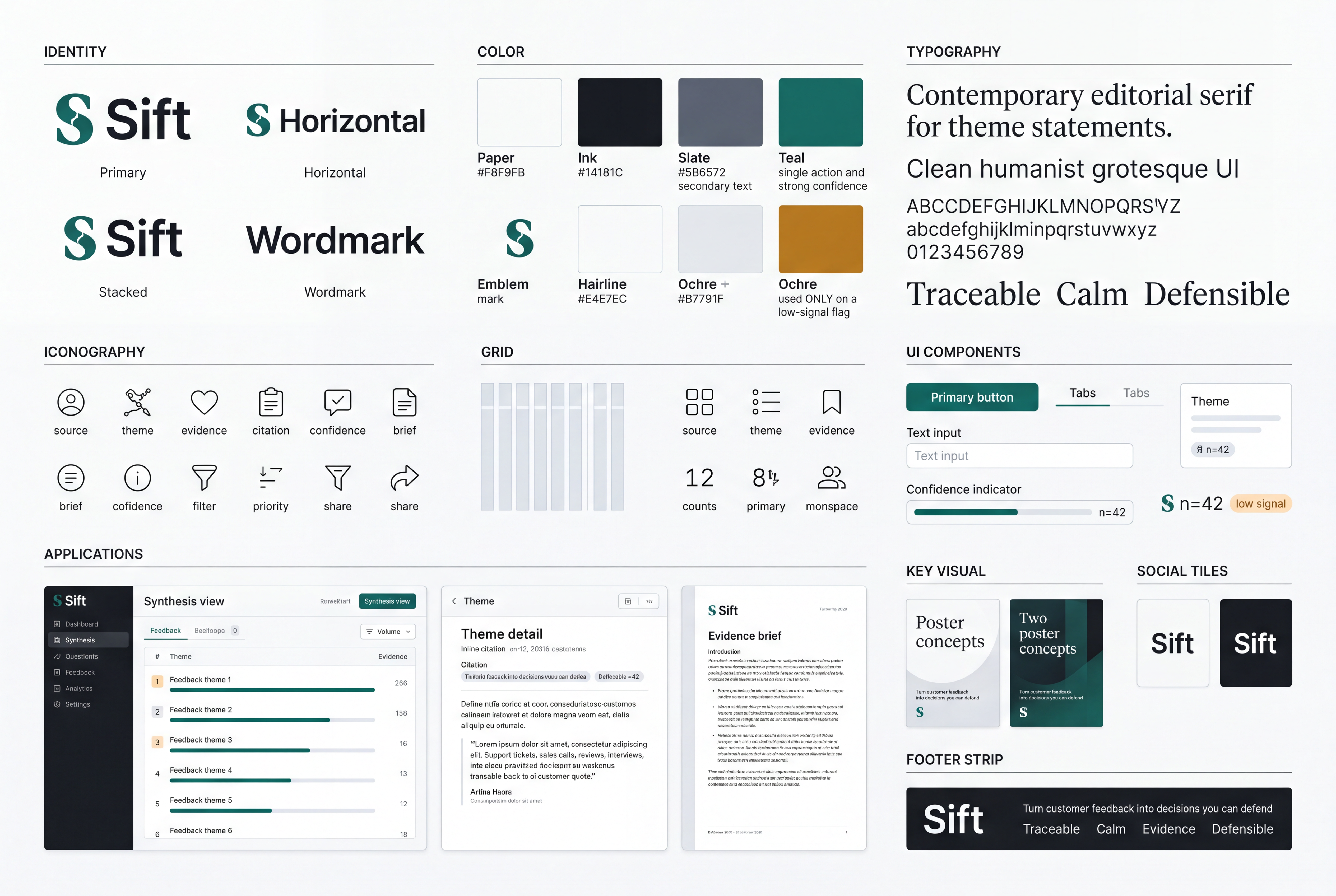 Brand plate A, Analyst's desk: light off-white and deep teal with an editorial serif